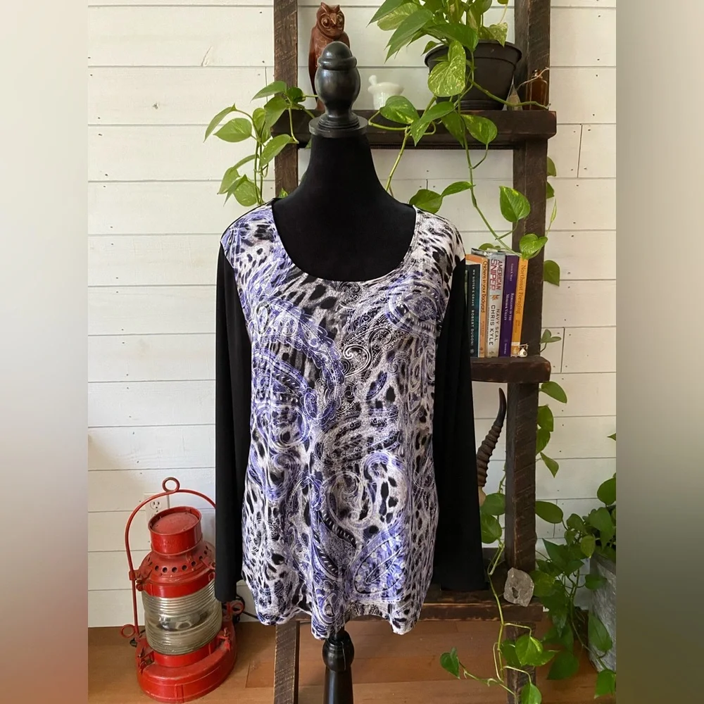 Chico’s: Black, White & Blue Paisley Pattern Blouse